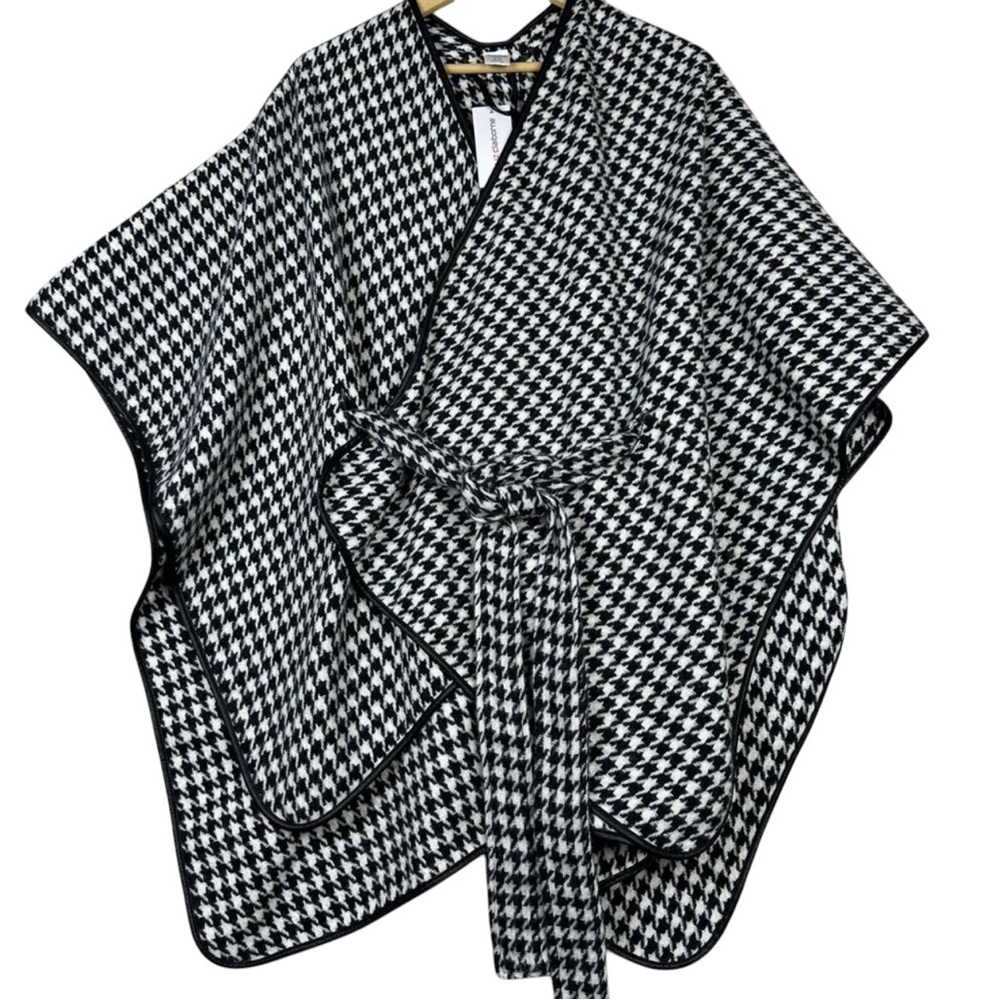 Liz Claiborne Houndstooth Cape, black and white, faux leather trim, OS